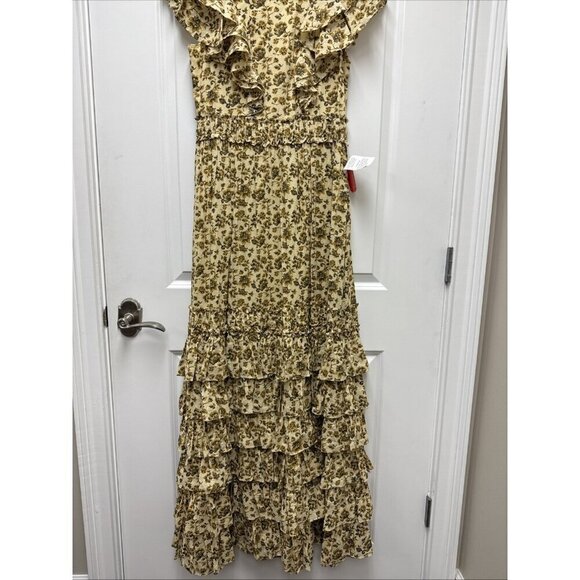 Mac Duggal Size 4 Beige Floral Tiered Ruffled Boho Maxi Dress Gown Cottagecore - Picture 7 of 15